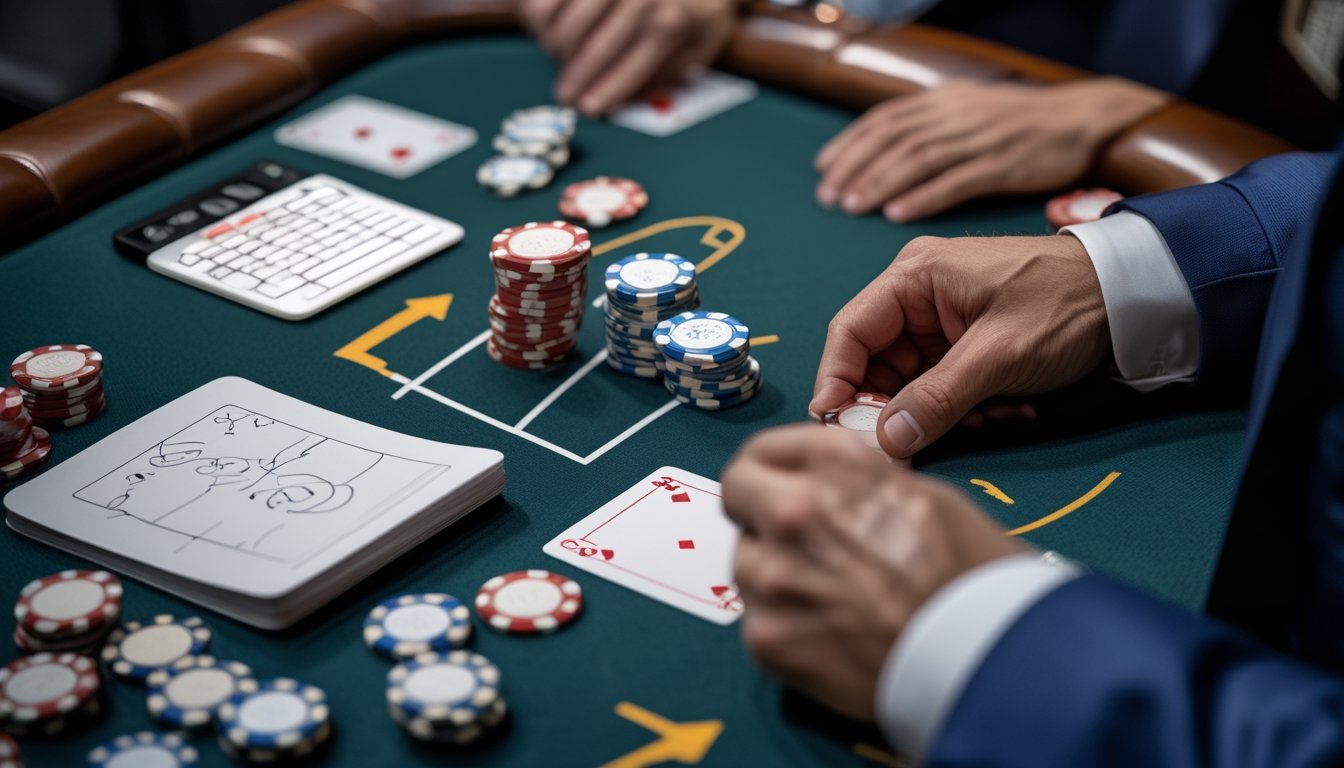 Seorang pemain Texas Hold'em menghitung peluang dengan kartu, keping poker, dan buku catatan di atas meja kasino.