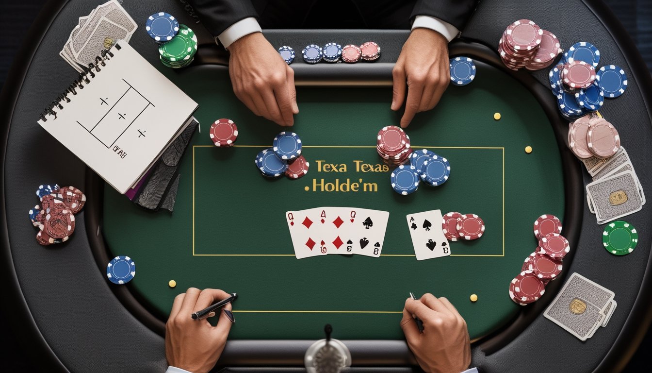 Meja poker dengan kartu Texas Hold’em, tumpukan chip, pot, kalkulator, dan buku catatan.