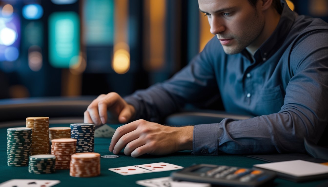 Pemain poker profesional menata chip, kalkulator, dan buku catatan kosong di meja kasino.
