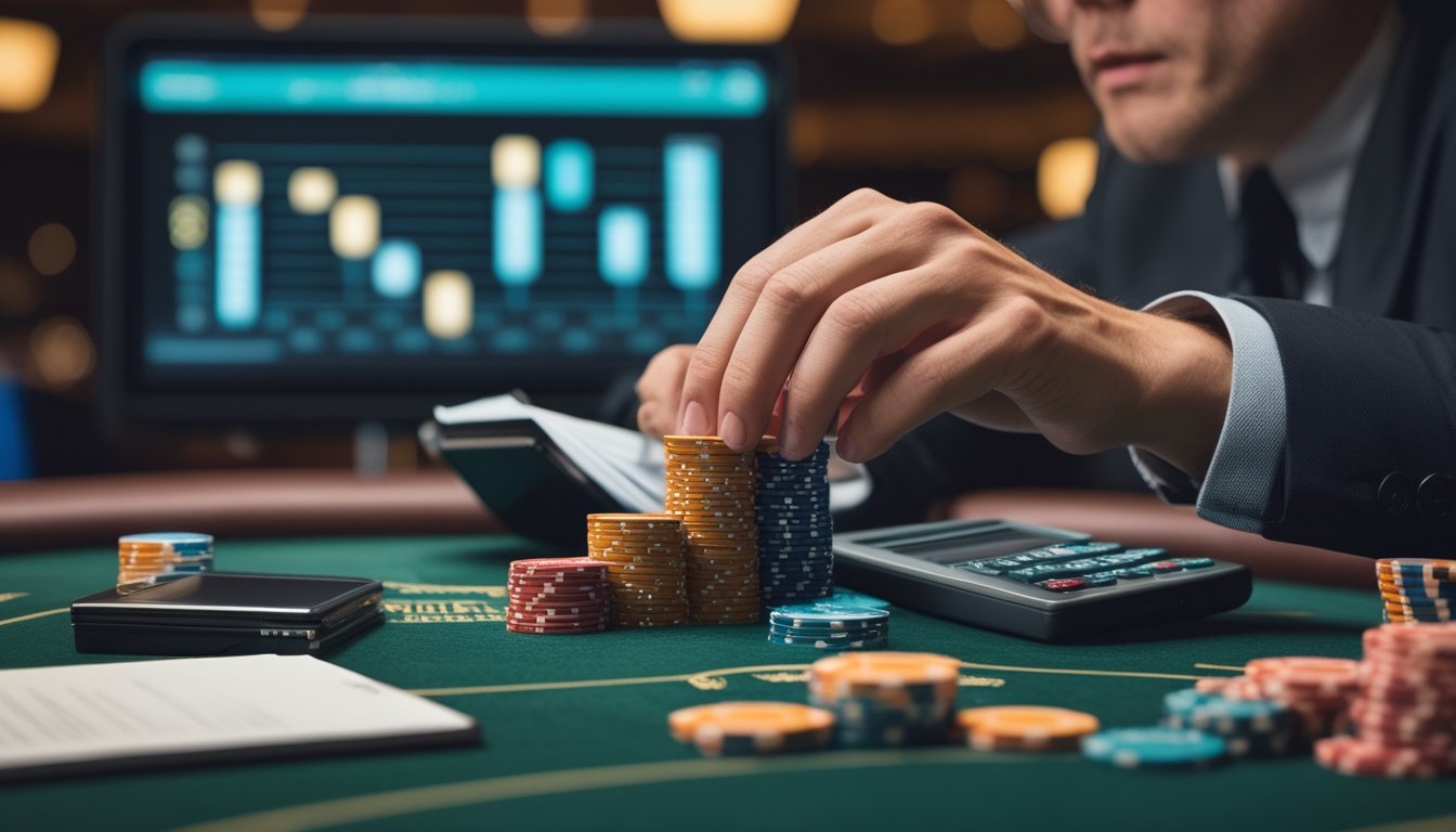 Pemain poker profesional menata tumpukan chip secara teratur di meja kasino dengan kalkulator dan buku catatan kosong.