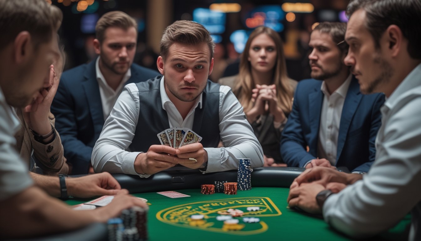 Seorang pemain pemula tampak bingung dan melakukan kesalahan saat bermain poker Texas Hold'em di meja kasino.