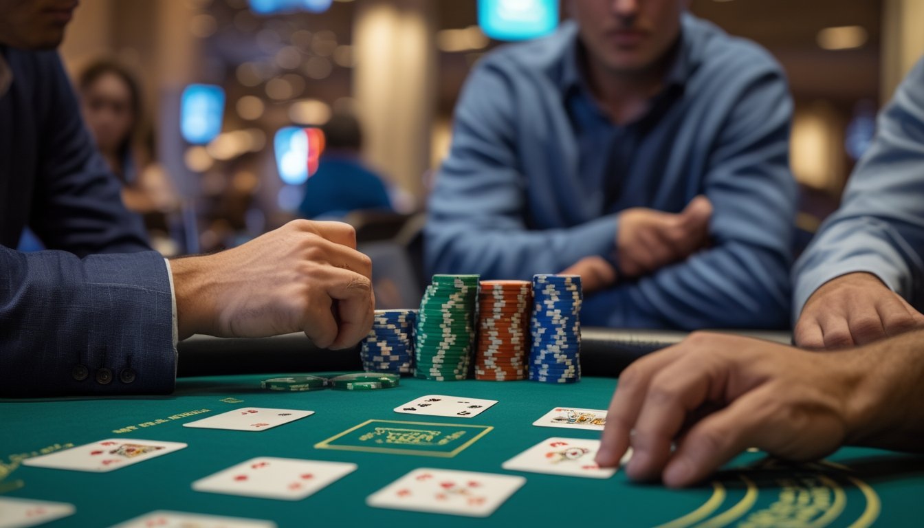 Seorang pemain pemula ragu mengambil keputusan di meja poker Texas Hold’em dengan kartu komunitas dan keping taruhan di depannya.