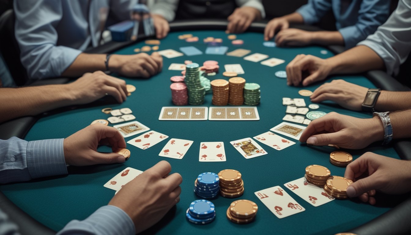 Pemain poker mempelajari kartu dan posisi duduk di meja Texas Hold'em.
