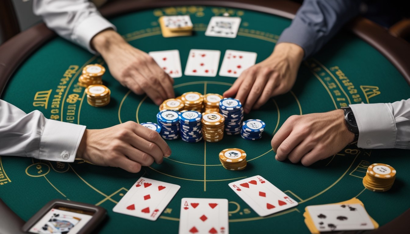 Pemain poker menambahkan tumpukan chip ke pot dalam suasana permainan Texas Hold’em yang menegangkan.