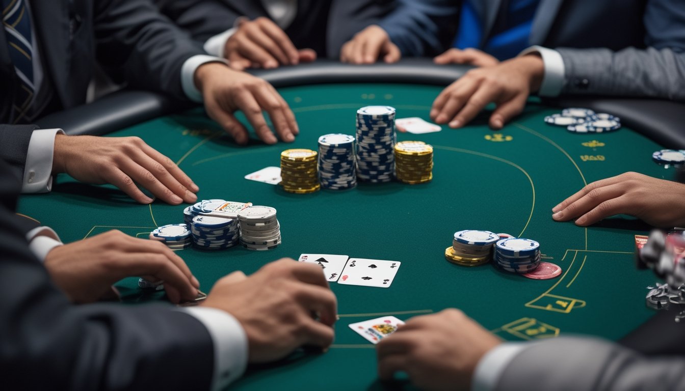 Pemain poker menempatkan tumpukan chip untuk melakukan kenaikan taruhan sebelum flop.