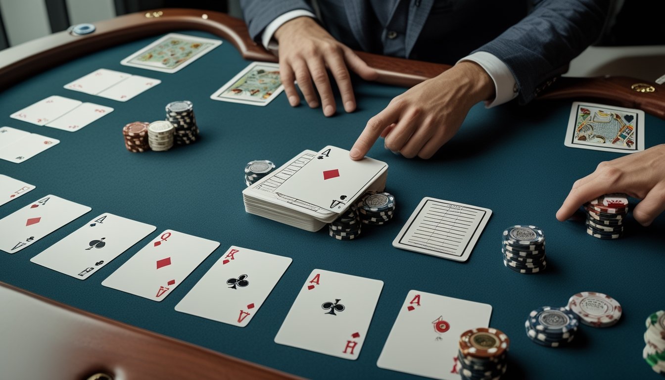 Meja poker dengan kartu, keping poker, dan tangan pemain yang sedang menganalisis strategi Texas Hold’em.