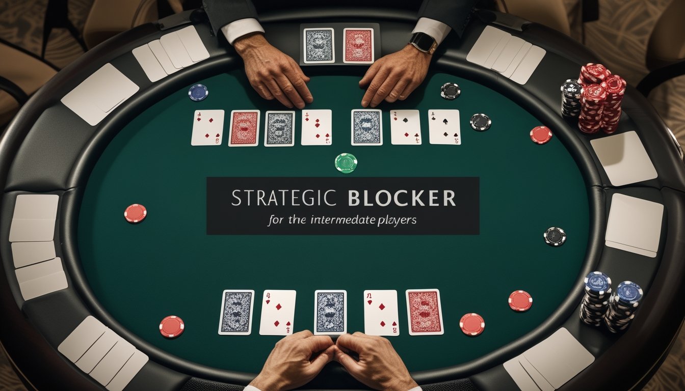Pemain poker menganalisis kartu dan tumpukan chip di meja kasino.