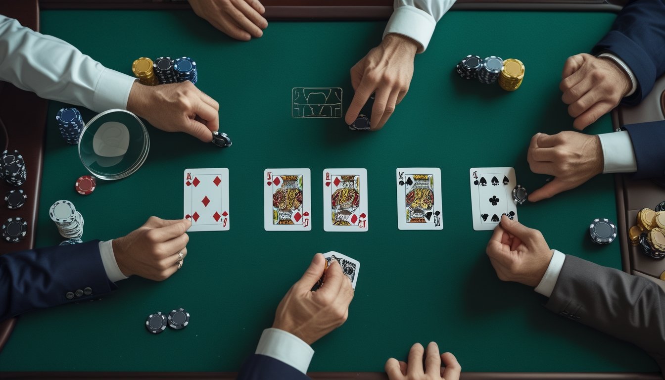 Kartu poker terbuka di atas meja dengan kombinasi kartu kemenangan tertinggi pada tahap river Texas Hold'em.