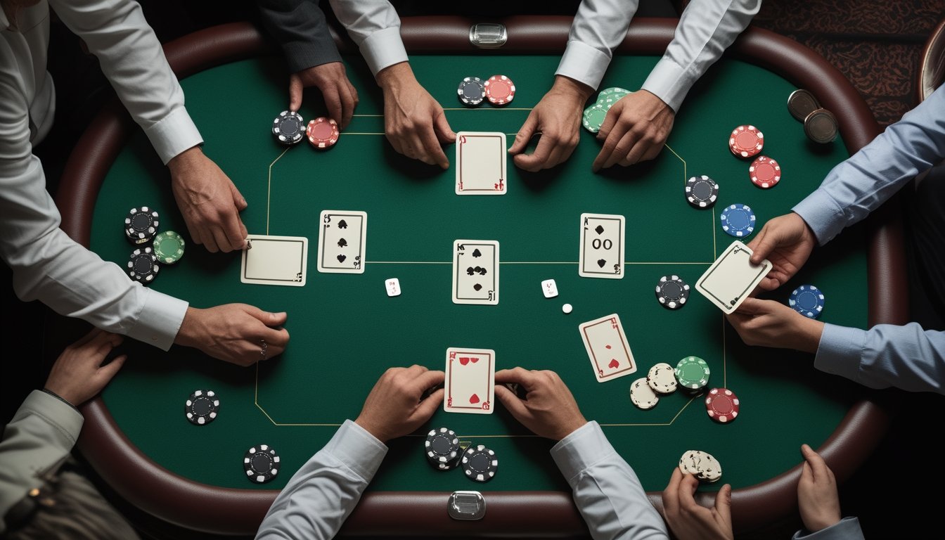 Meja poker dengan kartu komunitas terakhir terbuka dan keping taruhan, sementara beberapa pemain menganalisis kombinasi kartu.