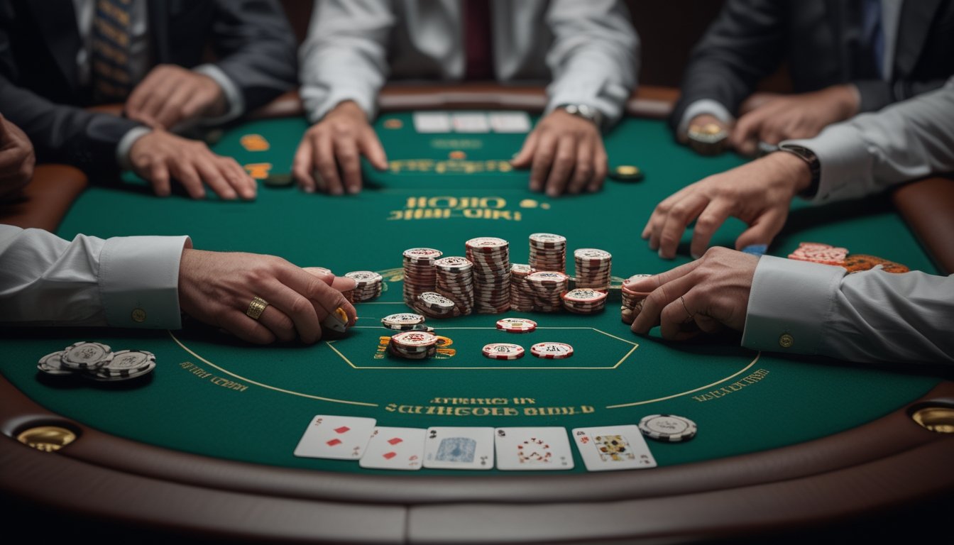 Pemain poker mendorong tumpukan chip ke tengah meja saat lawan menghadapi tekanan.