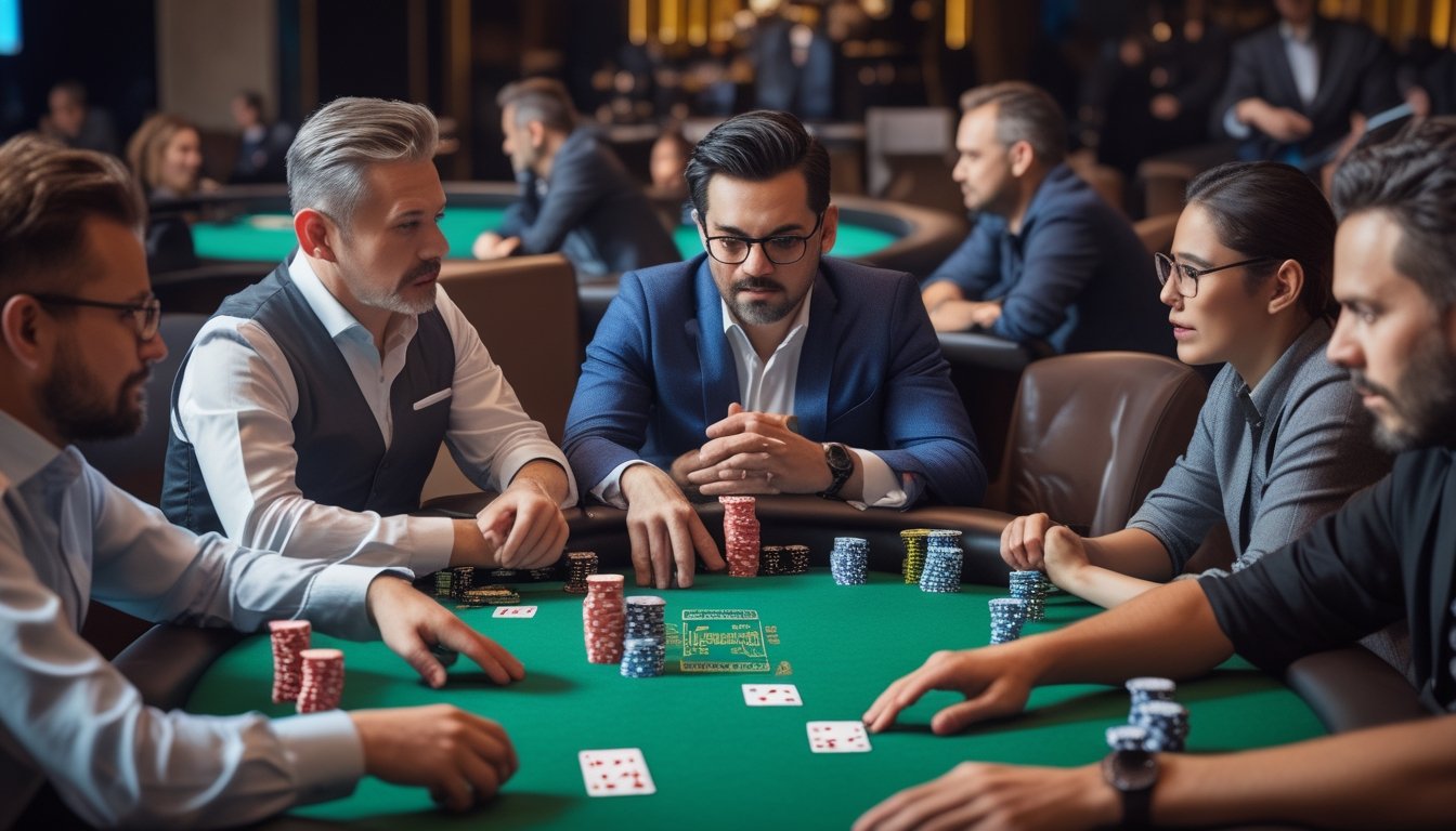 Sekelompok pemain dewasa bermain Texas Hold’em di meja poker, dengan seorang pemain mengamati lawan dan tumpukan chip secara cermat.