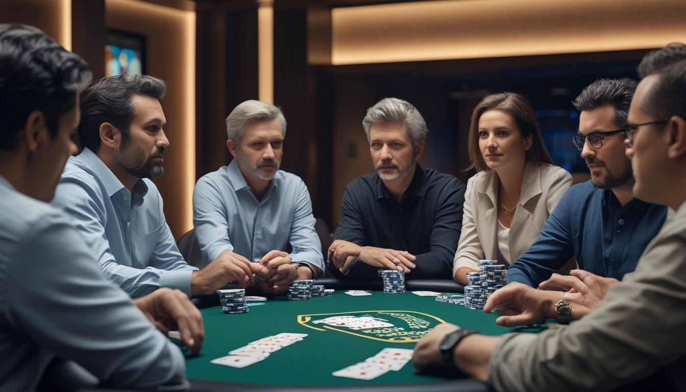 Pemain poker mengamati lawan dengan gaya bermain yang berbeda di meja Texas Hold’em.