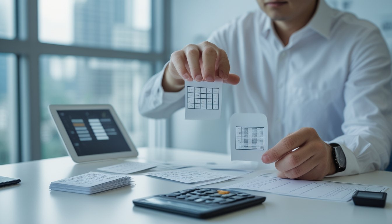 Seorang analis mempelajari pola probabilitas dan kombinasi angka pada meja kerja modern.