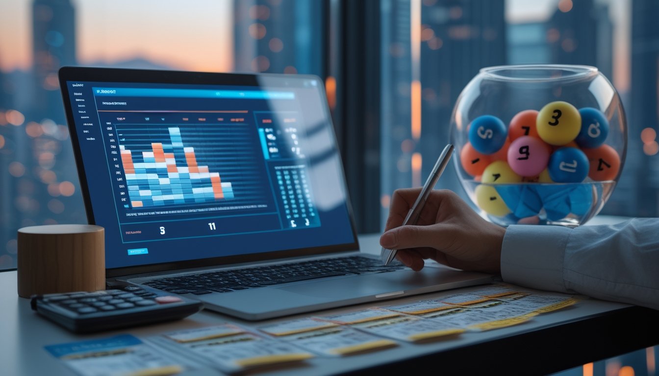 Meja kerja dengan laptop berisi grafik analisis, kalkulator, bola bernomor, dan pemandangan kota Hong Kong pada malam hari.