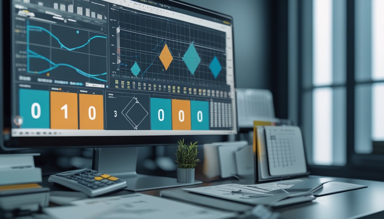 Analis sedang mengamati pola data dan grafik abstrak di meja kerja dengan kalkulator dan catatan.