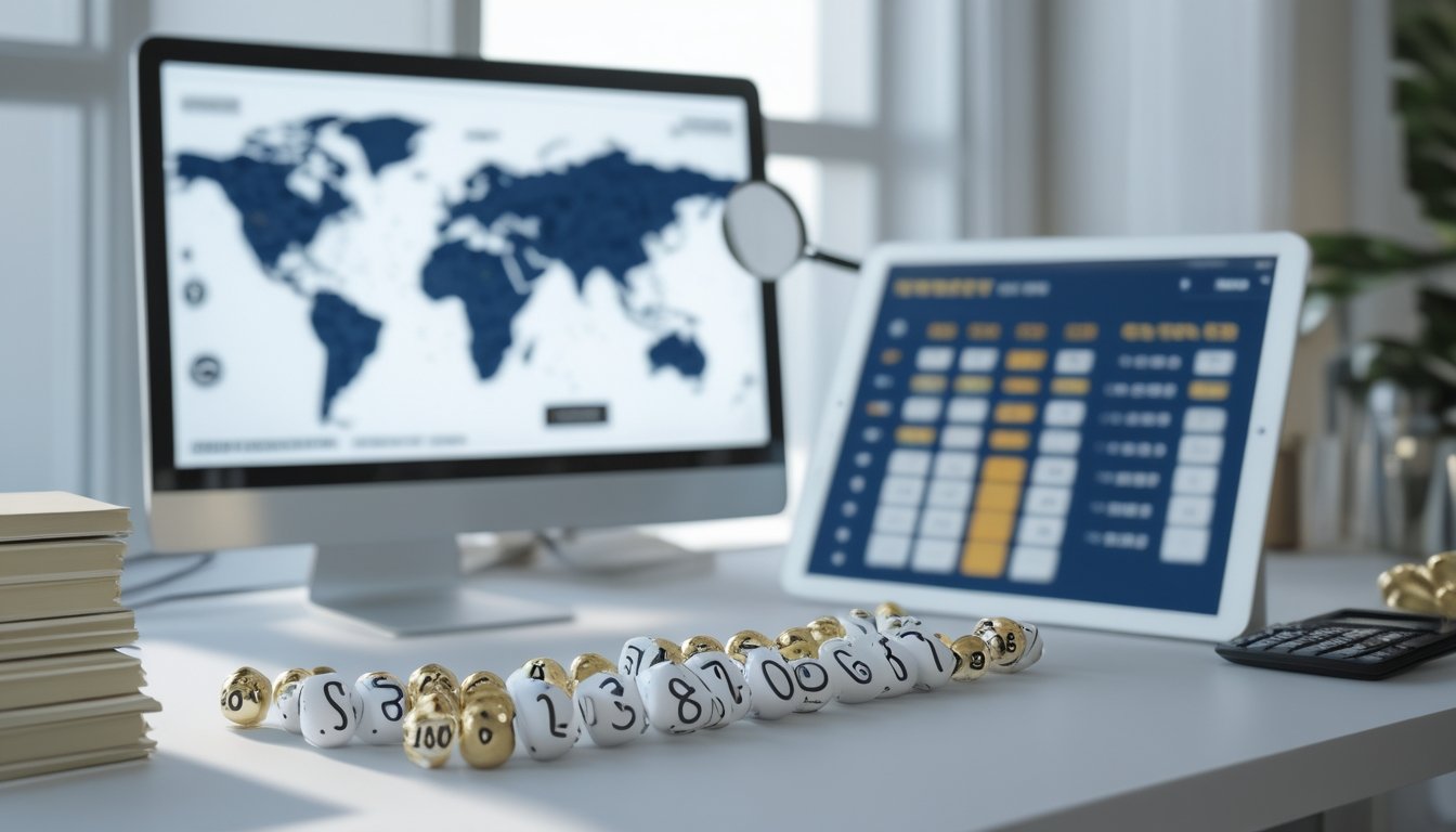 Meja kerja dengan token angka, kalkulator, tablet berisi grafik buram, dan peta dunia di latar belakang.