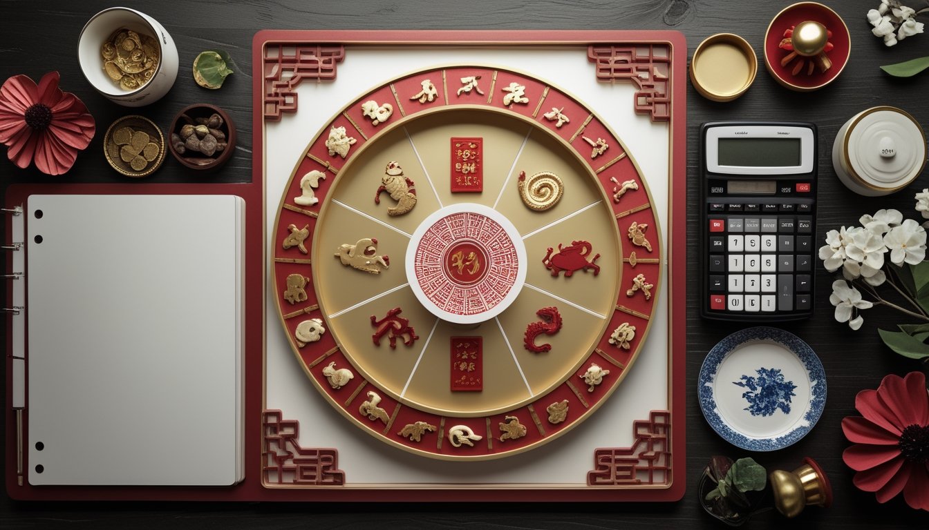 Meja dengan roda simbol zodiak Tionghoa, kalender kosong, kalkulator, dan ornamen merah emas.