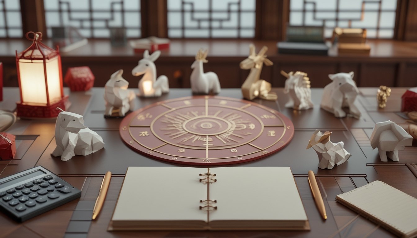 Figur dua belas hewan shio mengelilingi roda zodiak Tionghoa di atas meja dengan kalender dan buku catatan.