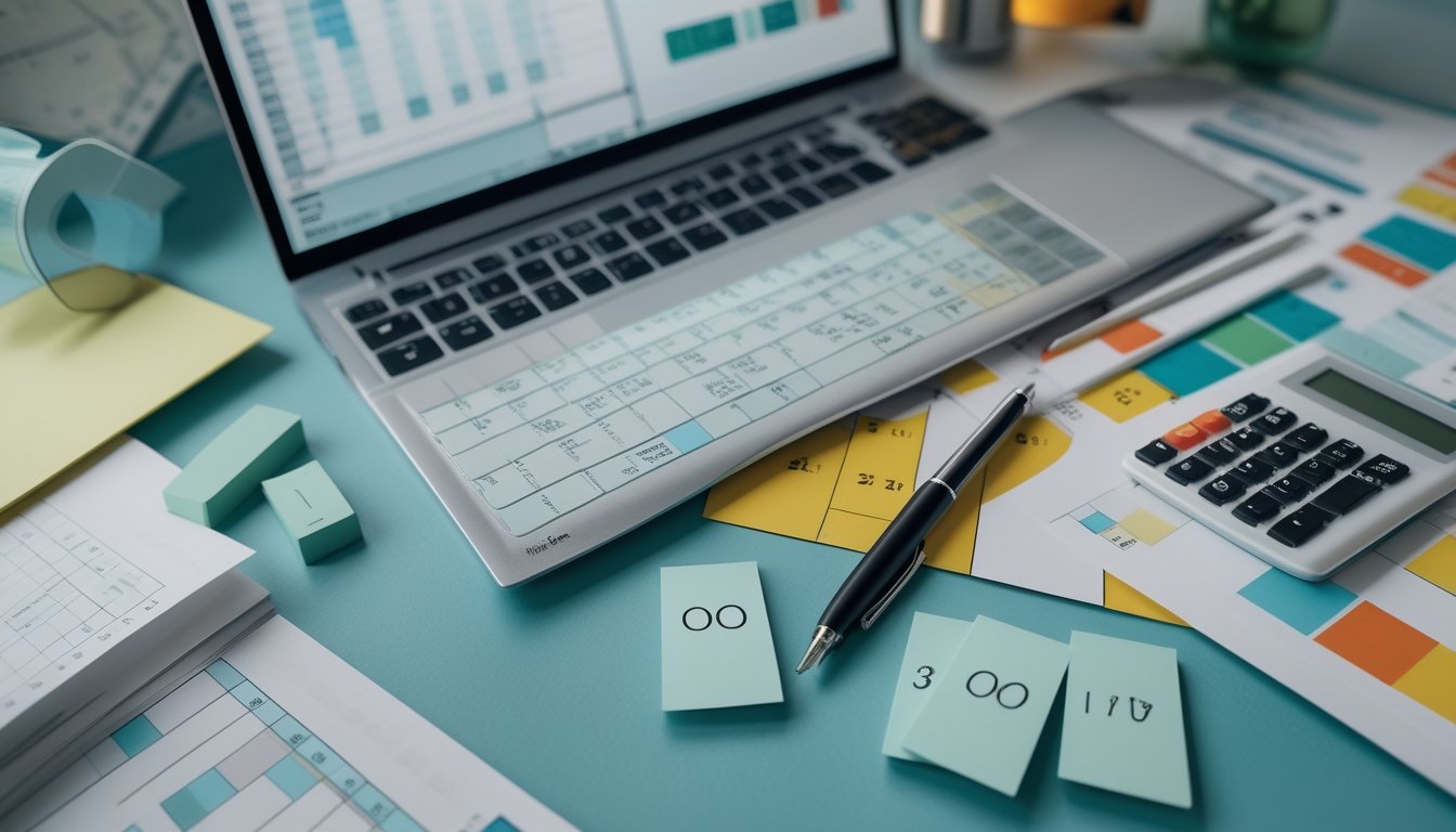 Meja kerja dengan laptop, grafik warna-warni, kalkulator, dan alat tulis untuk analisis pola angka.