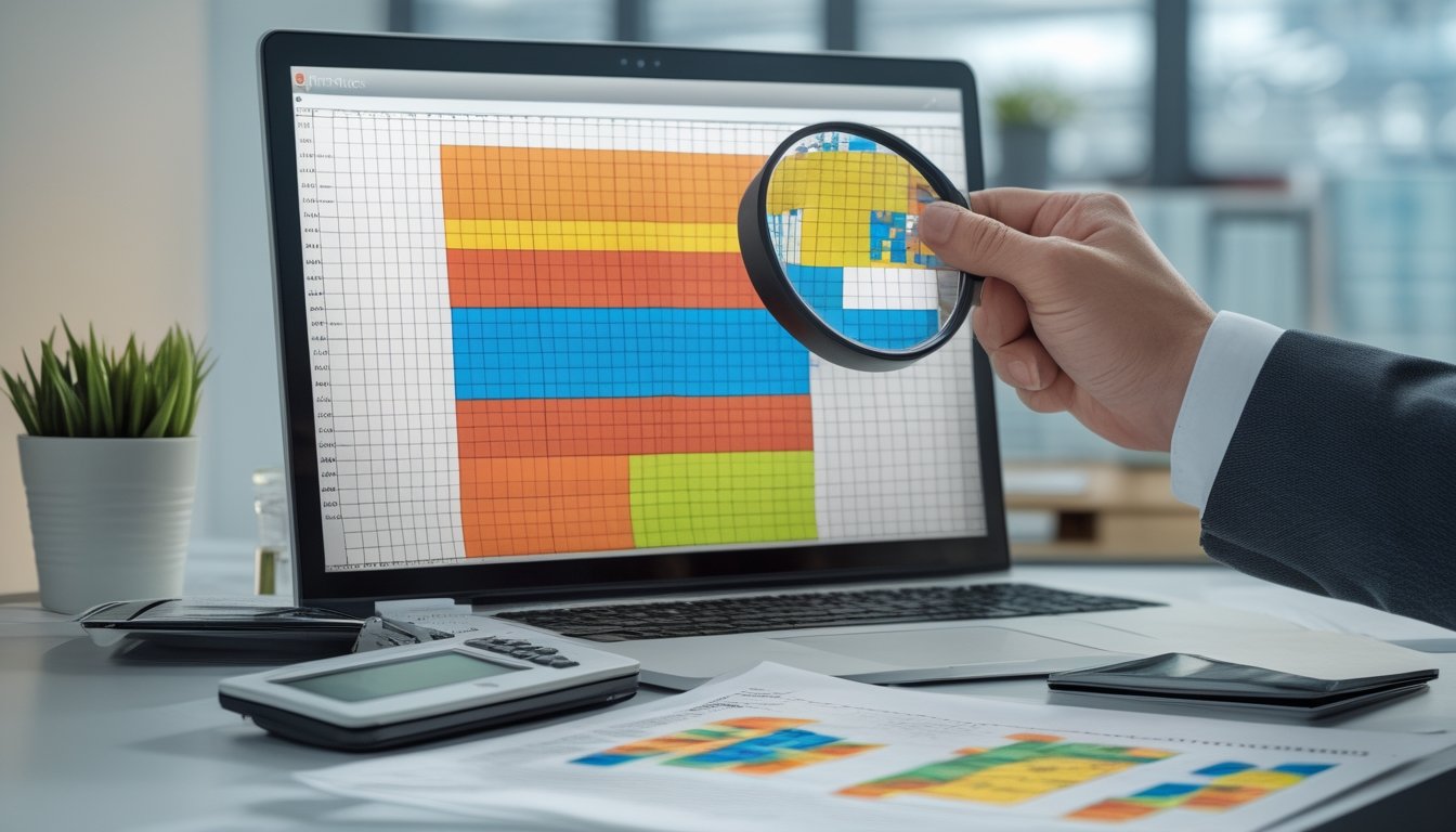 Tangan seseorang menganalisis tabel data berwarna di meja kerja dengan laptop dan kalkulator.