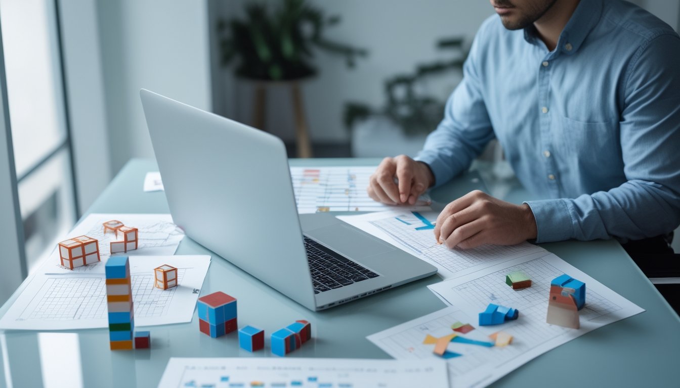 Seorang analis mempelajari pola angka dan grafik probabilitas di meja kerja modern.