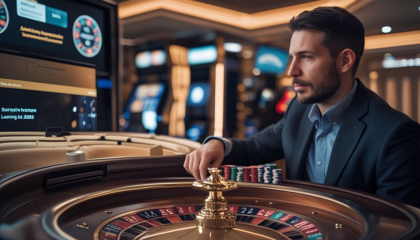 Seorang pemula mengamati roda roulette otomatis dan menempatkan sejumlah kecil chip di meja kasino modern.