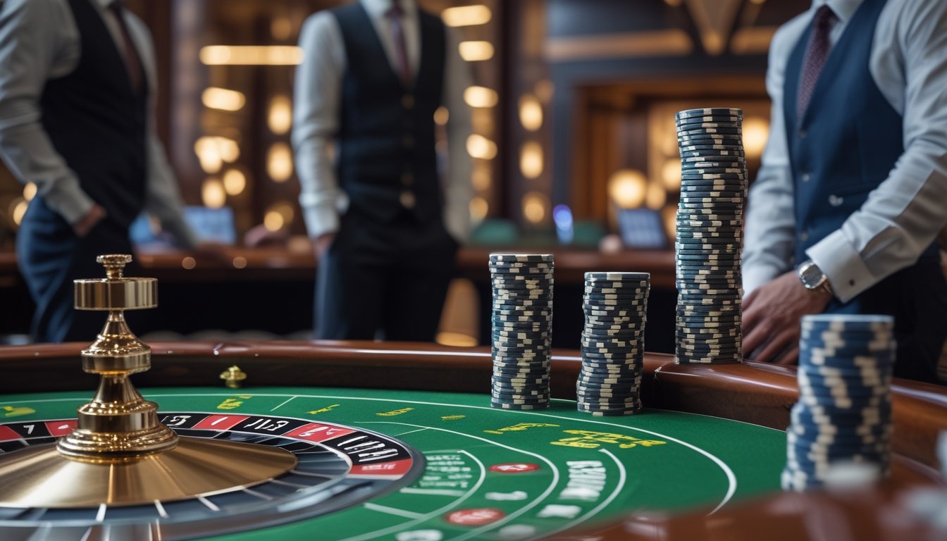 Pemula mengamati meja roulette dengan roda roulette dan tumpukan chip di kasino.
