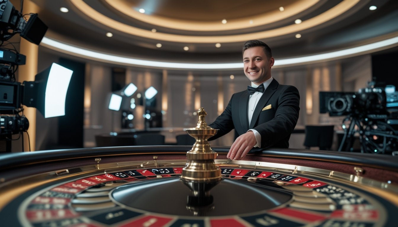 Croupier menyajikan permainan rolet langsung di meja kasino dengan roda rolet dan keping taruhan.