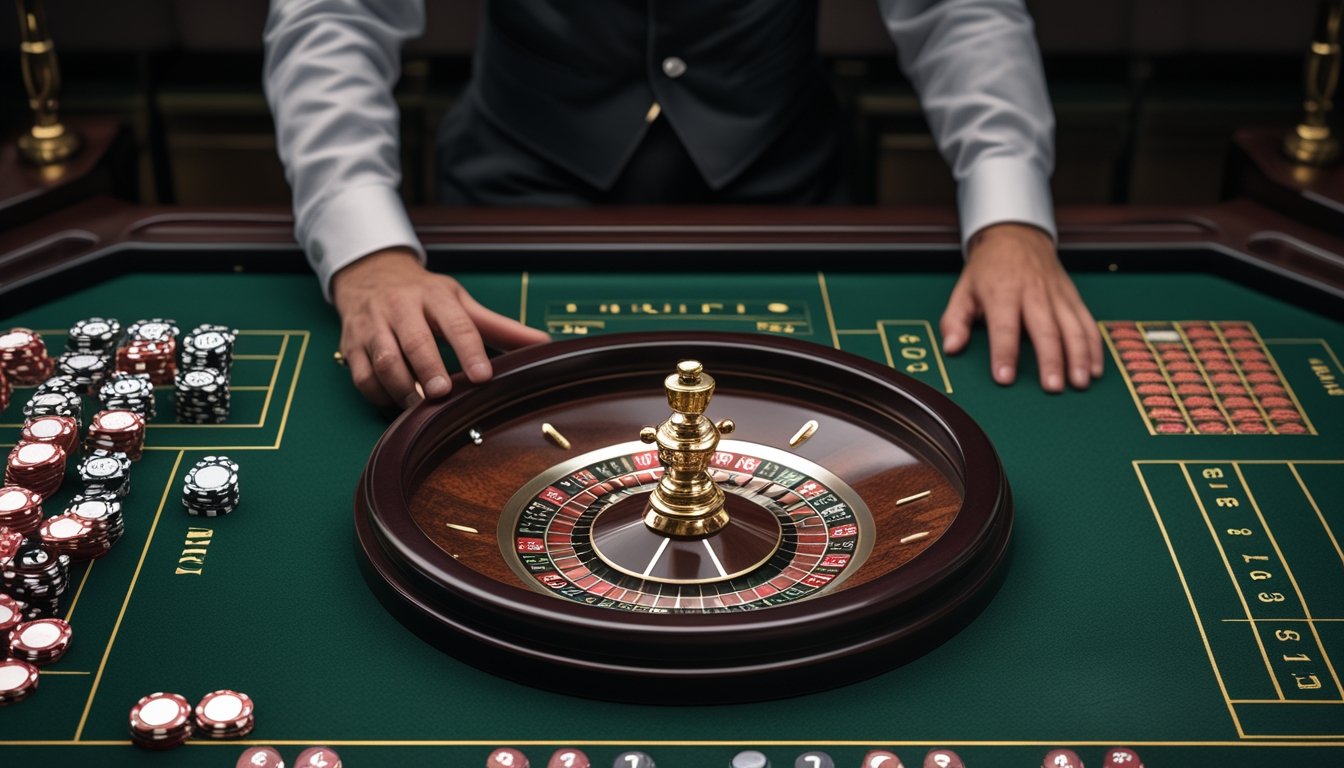 Meja roulette hijau dengan roda roulette, keping taruhan, dan tangan dealer di ruang kasino modern.