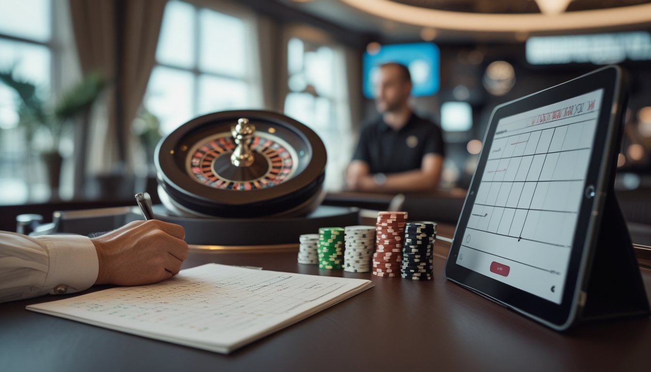 Seseorang mengamati roda roulette sambil mencatat pola pada buku catatan.