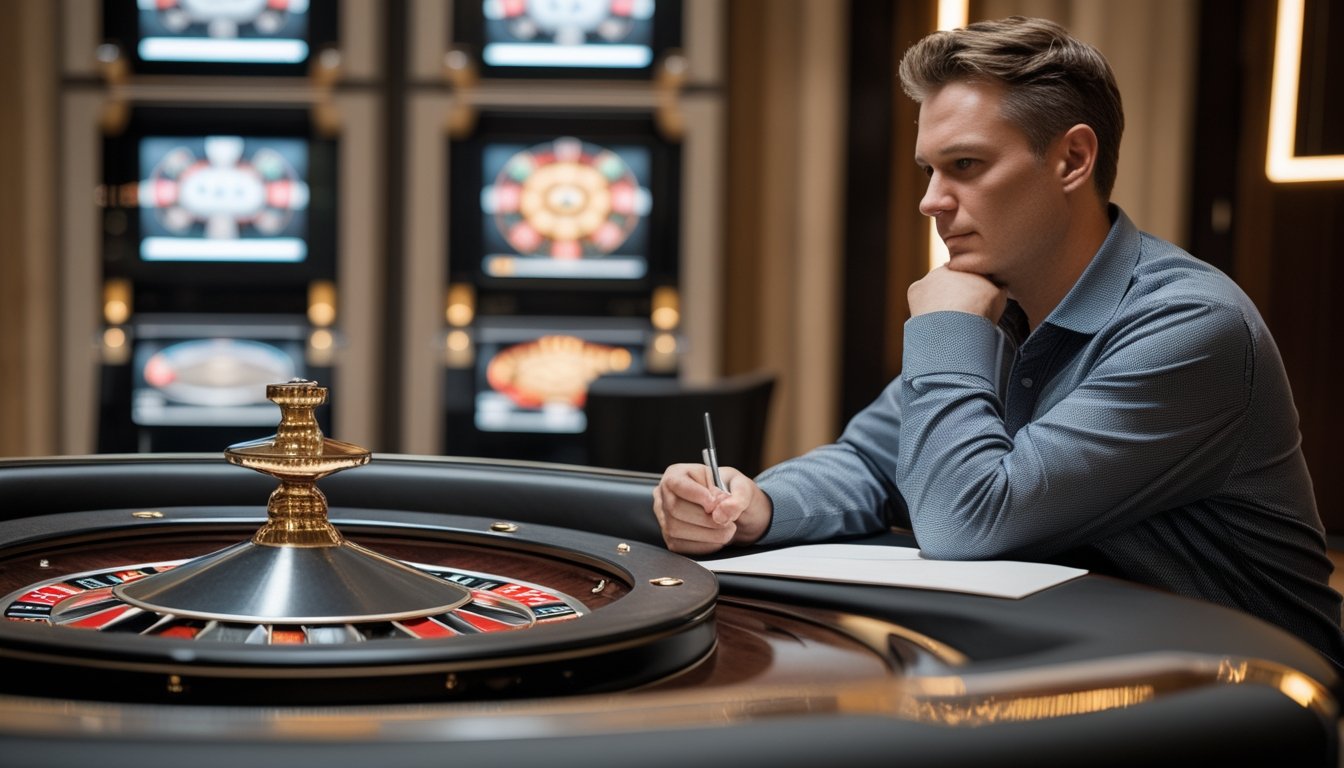 Seseorang mengamati roda roulette otomatis yang sedang berputar sambil mencatat hasil pengamatan di buku catatan.