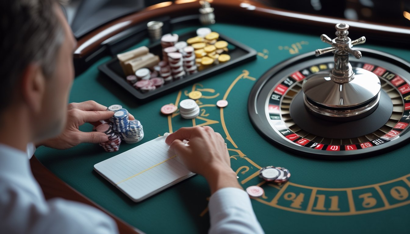 Seorang pemain mengatur tumpukan chip kecil di meja roulette otomatis dengan roda roulette terlihat di depannya.
