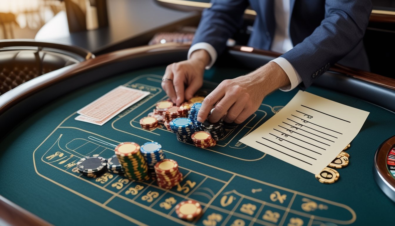 Tangan pemain menata sejumlah kecil chip di samping meja roulette otomatis dalam suasana kasino yang tenang.