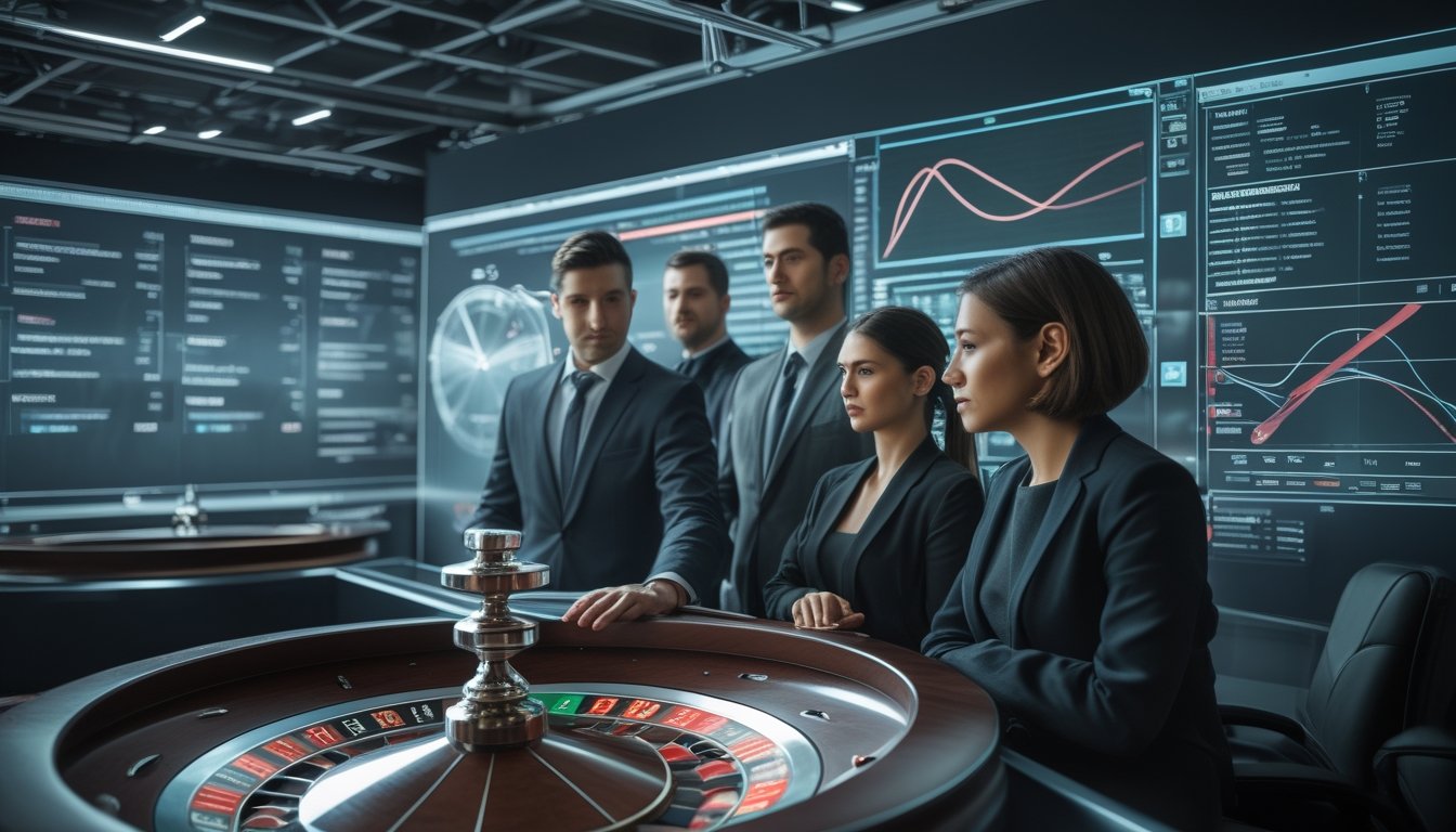 Analis mengamati roda roulette otomatis dan visualisasi data probabilitas di ruang kerja modern.