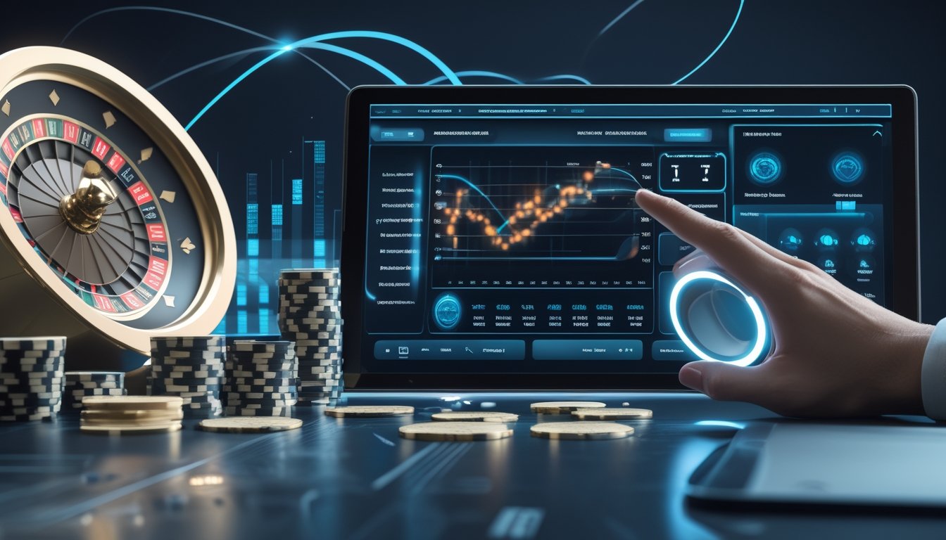 Meja modern dengan roda roulette, keping taruhan, dan layar analitik digital abstrak.