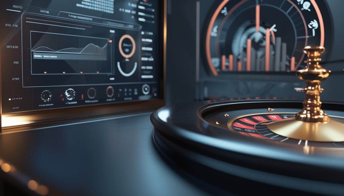 Roda roulette elektronik dengan tampilan grafik statistik abstrak di lingkungan kasino modern.