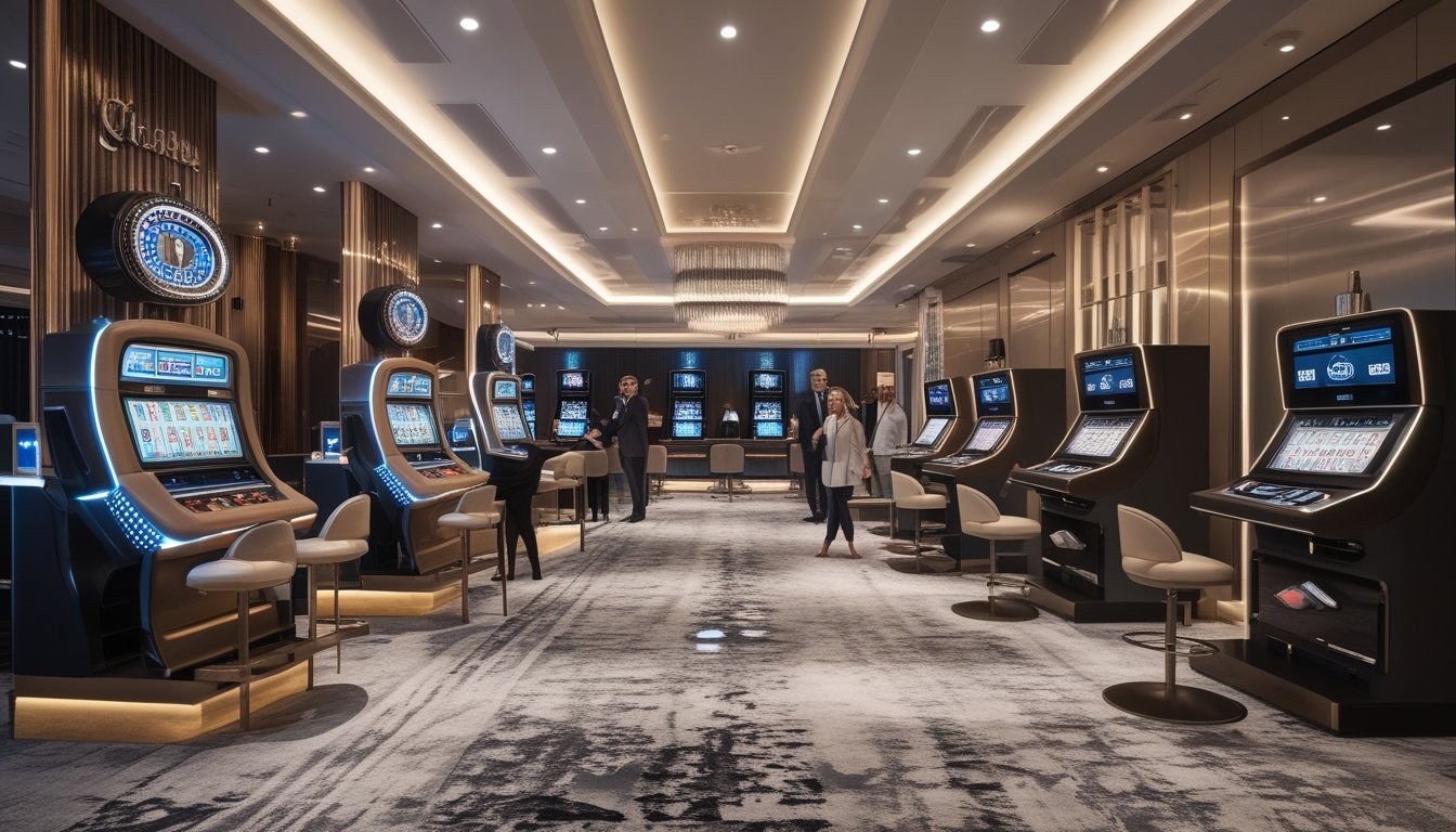 Interior kasino modern dengan dua meja roulette otomatis dan beberapa pemain yang mengamati permainan.
