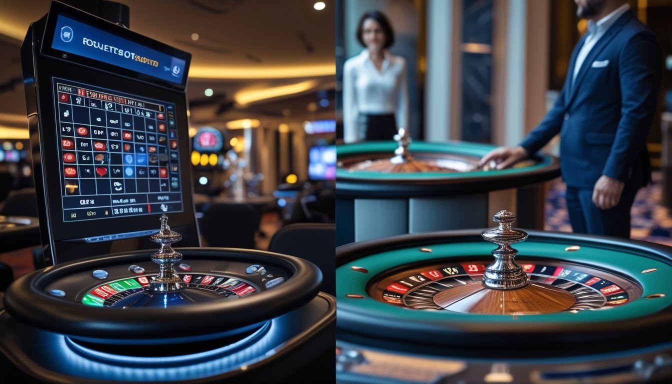 Dua meja roulette otomatis di kasino modern, satu tampak cepat dan dinamis sementara yang lain terlihat lebih tenang dan klasik.