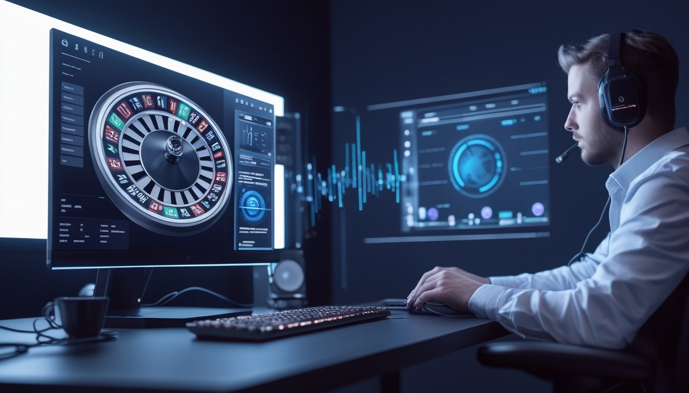 Seorang streamer bermain auto roulette di studio modern dengan beberapa layar dan pencahayaan biru futuristis.
