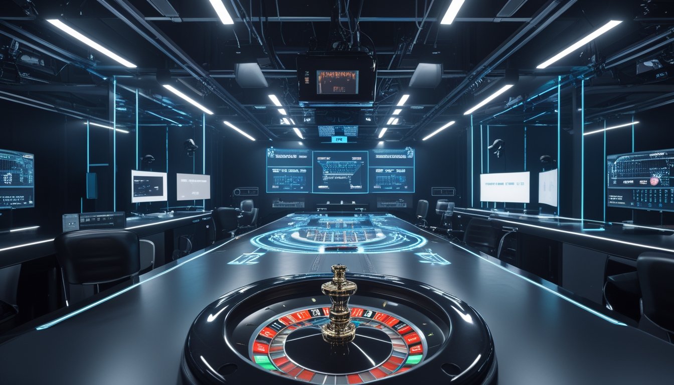 Studio siaran langsung menampilkan meja auto roulette, kamera, dan pusat kendali dengan visual aliran data berkecepatan tinggi.