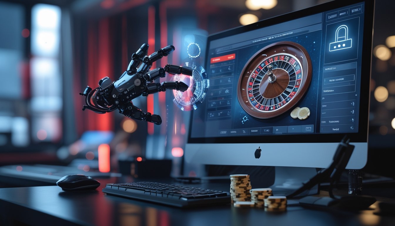 Komputer menampilkan permainan rolet dengan simbol robot, gembok, dan tanda peringatan akses.