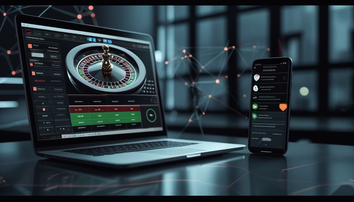 Laptop dan ponsel menampilkan ilustrasi roda roulette, pemantauan keamanan, serta simbol peringatan risiko deteksi bot.