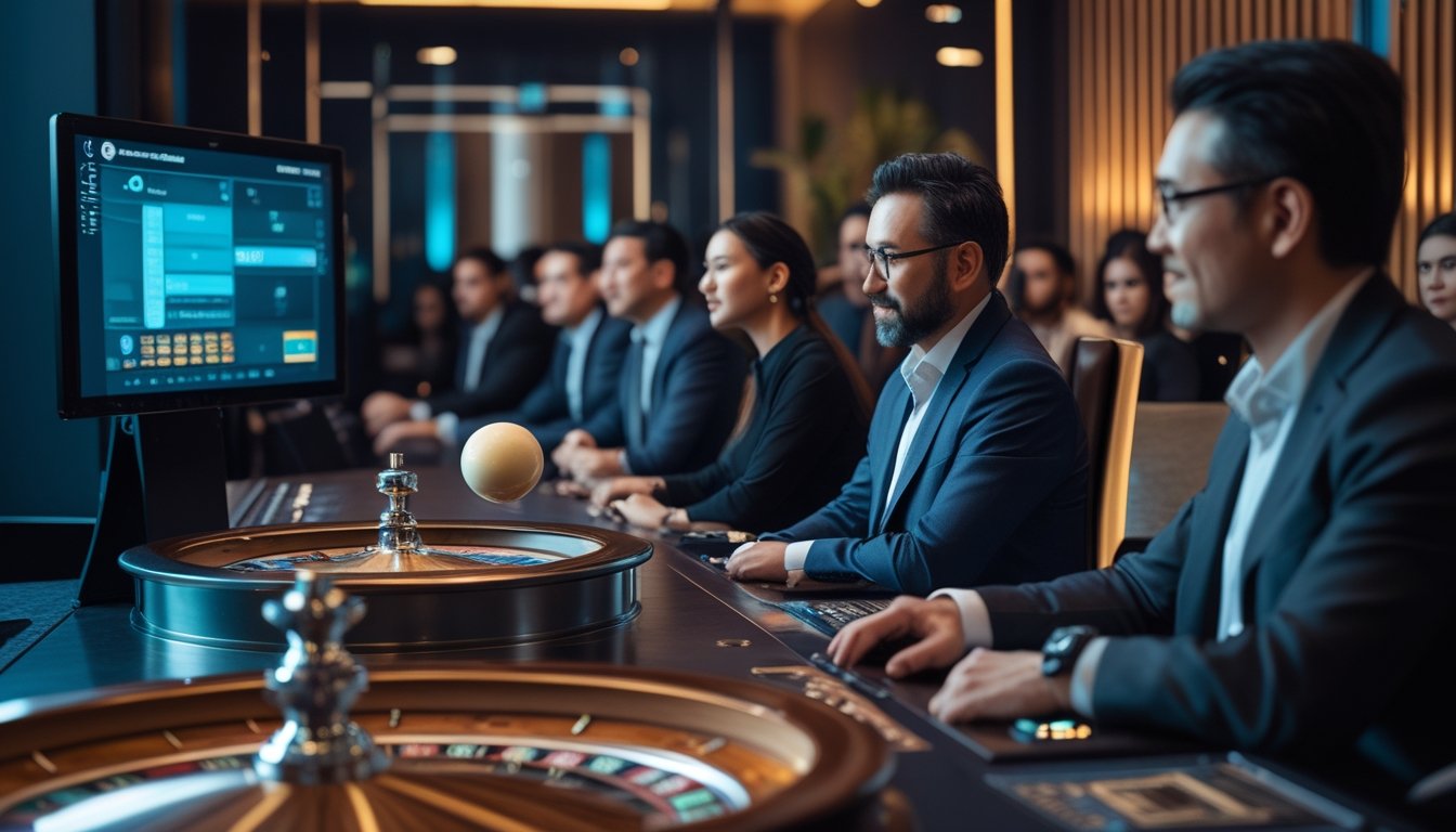 Roda roulette modern dengan bola putih di depan layar digital dan beberapa orang dewasa yang mengamati permainan.
