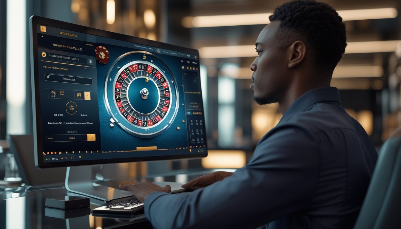 Seseorang menggunakan laptop untuk melihat permainan roulette digital otomatis di ruang modern.
