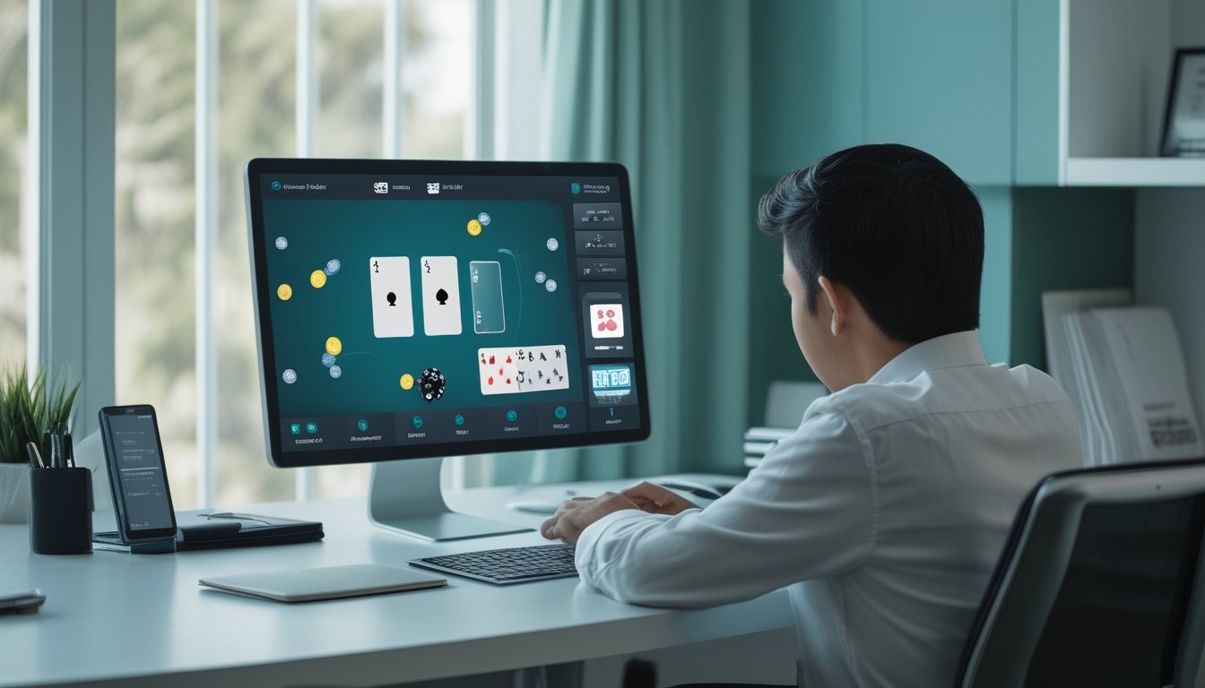Pemula mempelajari poker online di laptop pada meja kerja dengan kartu dan chip poker.