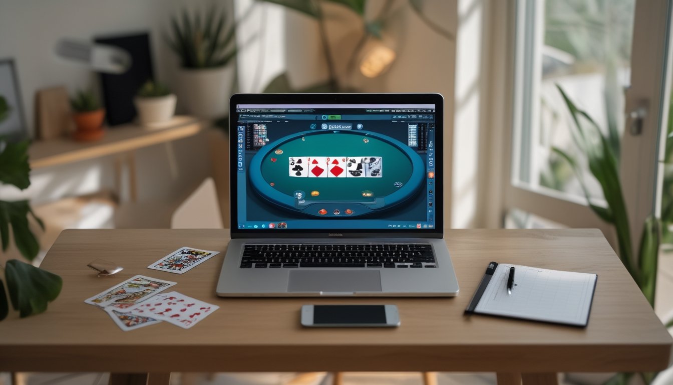 Laptop dengan tampilan meja poker virtual, kartu remi, keping poker, buku catatan kosong, dan pena di atas meja.