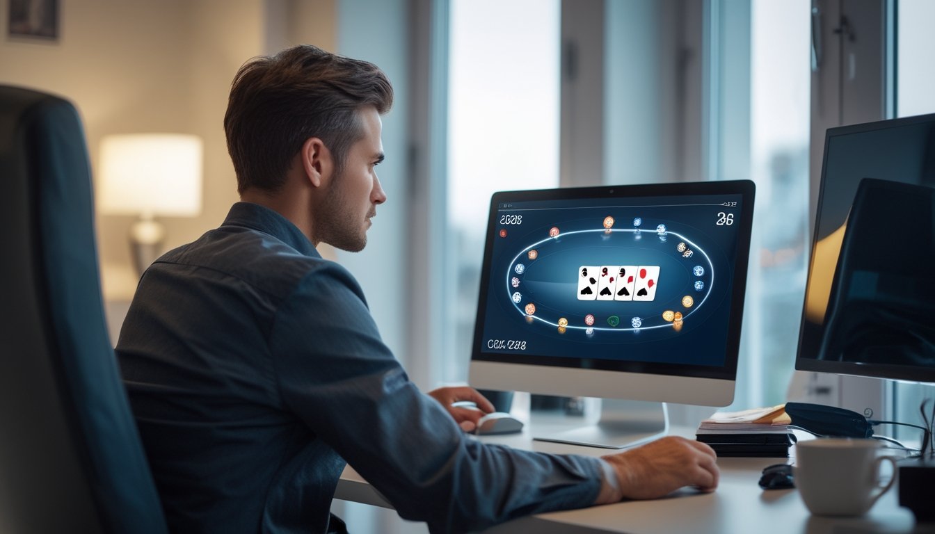 Pemain poker mempelajari strategi dan kartu di depan laptop dengan tumpukan chip di meja.