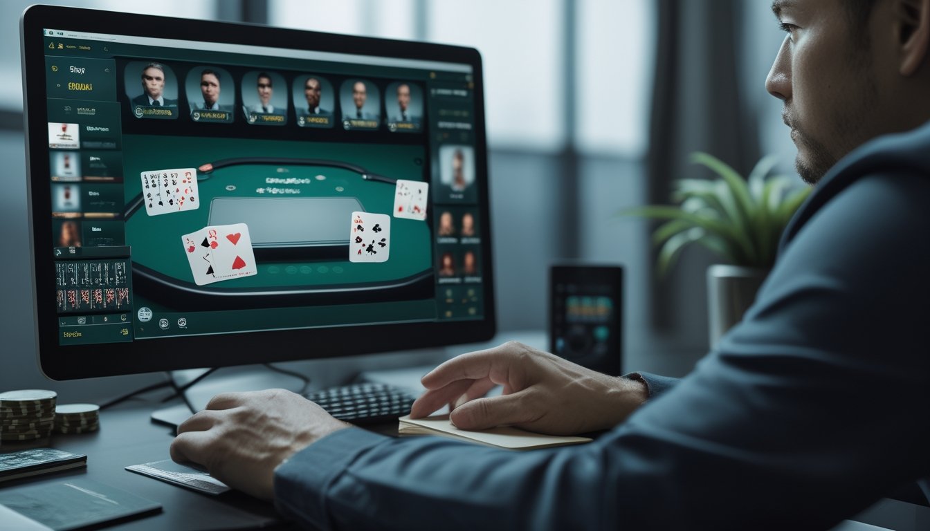 Pemain poker menganalisis permainan online di laptop dengan kartu dan tumpukan chip di meja.