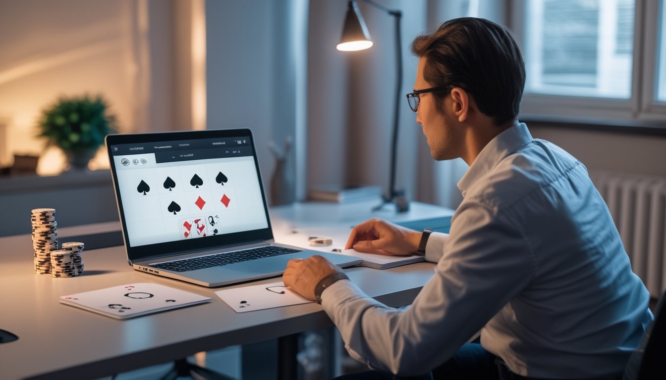 Pemain poker online sedang mengamati layar laptop sambil menganalisis kartu dan keping poker di meja.