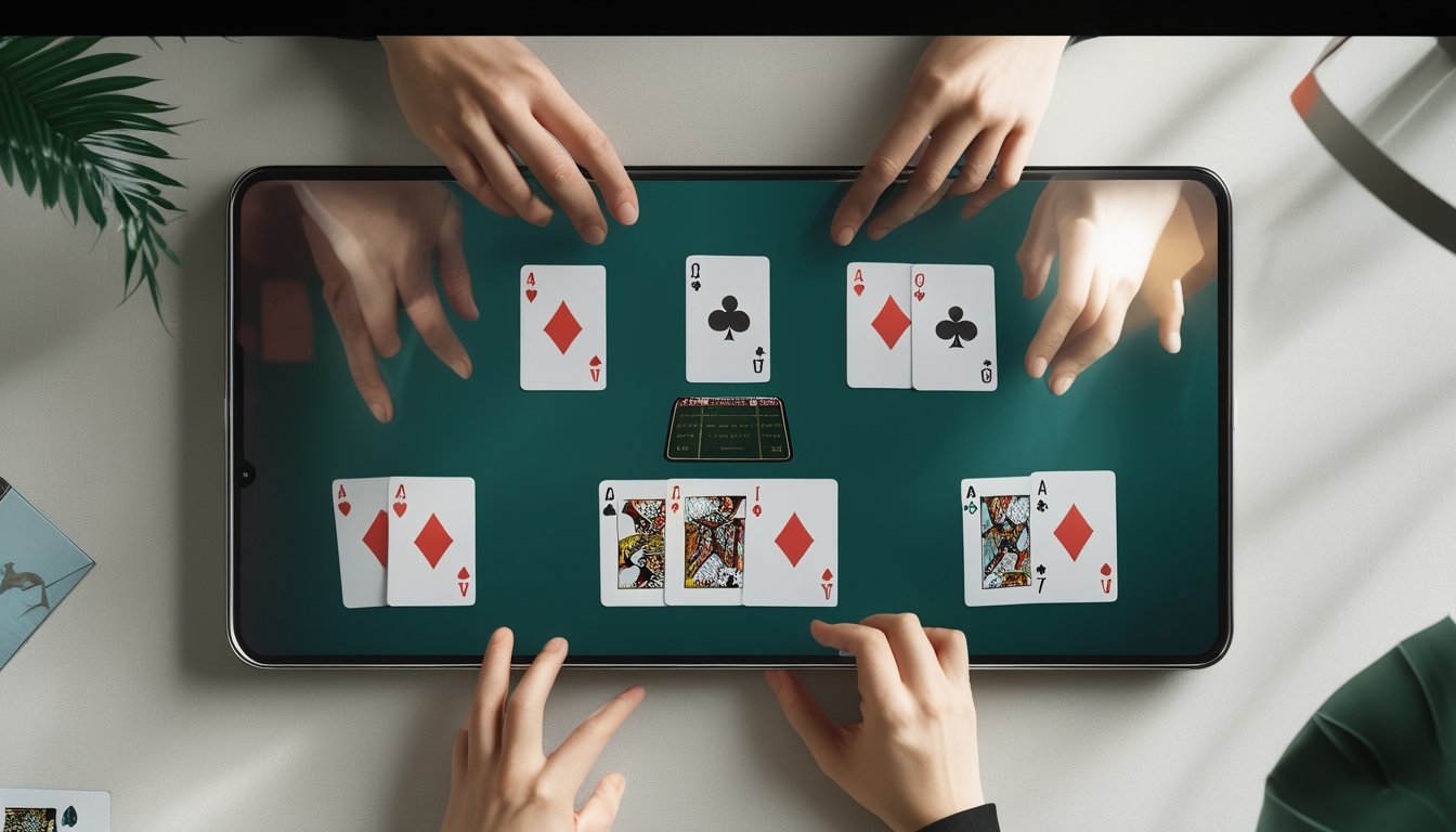 Kartu remi tersusun membentuk beberapa kombinasi poker di atas meja hijau dengan laptop di latar belakang.
